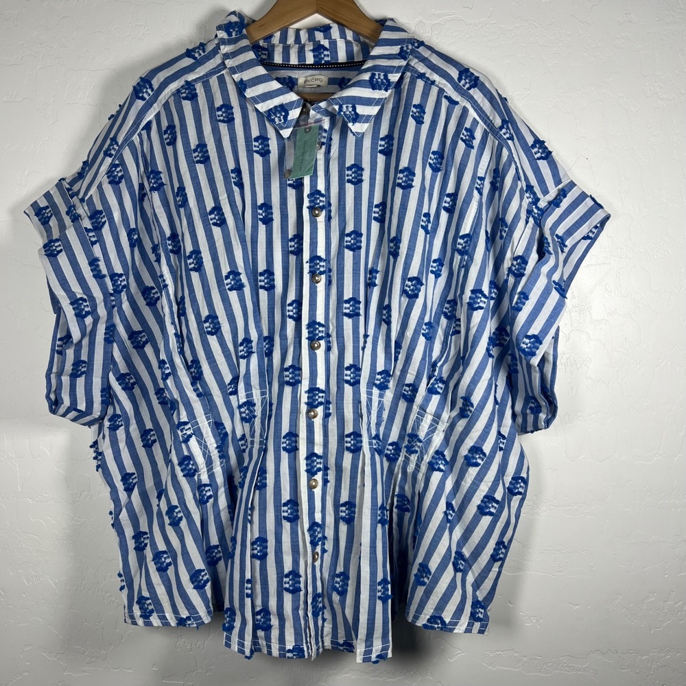 Anthropologie Pilcro Plus 3X Blue White Striped Tufted Button Down Top NEW